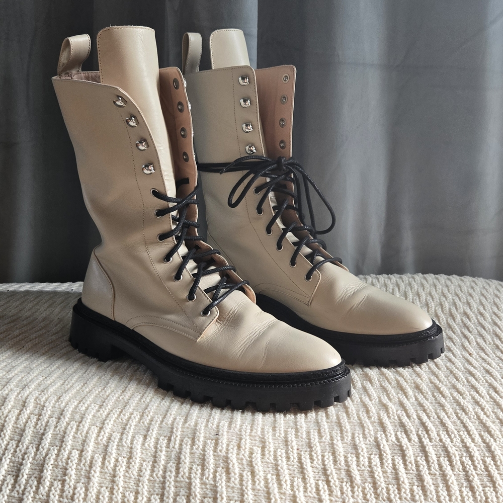 Beige Lace-Up Combat Boots